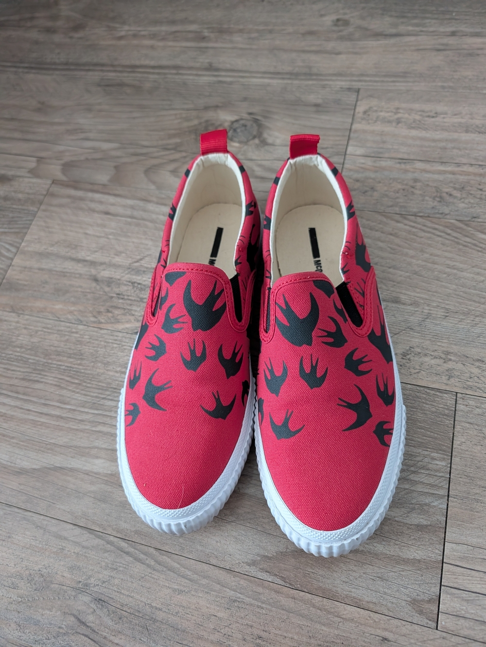 Women Red Slip-On Canvas Shoes with Black Swallow Print Alexander McQueen